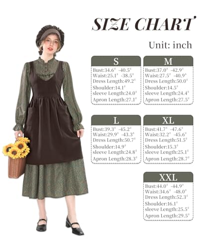 NSPSTT Prairie Dress Women Pioneer Dress Colonial Costume - color: Green Dress+brown Apron, size: Large