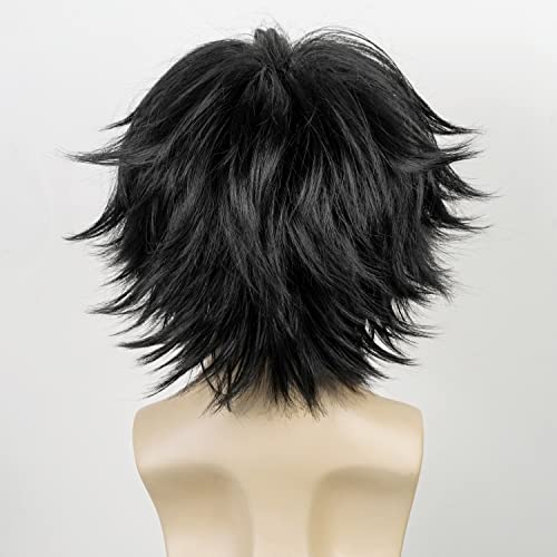 LABEAUTÉ Short Black Anime Cosplay Wig Male Men Anime Layered Unisex Heat Resistant Hair Wig with Bangs for Party and Halloween for Gift + Free Cap - color: Black