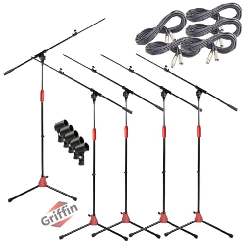 GRIFFIN 5 Pack Mic Boom Stands (StageLOCK Series) with 20ft XLR Cables & Microphone Clips – Telescoping Arms for Studio, DJ, Karaoke, Vocal Recording - size: 5 Pack