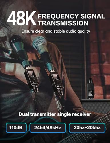 EBJ Wireless Microphone System UHF wireless XLR transmitter and receiver for dynamic/capacitive microphones, 48V Phantom power supply, electric guitar/bass, audio mixer, PA system (One drag two) - color: One drag two