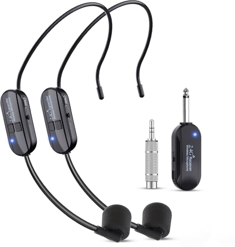 Wireless Microphone Headset Double Professional: Cordless Mic Head for Two People, Heads Handheld Mics 2 in 1- USB-C Rechargeable - 1/4'' and 1/8'' Plug for PA System, Voice Amplifier,Teaching,Fitness - color: Black1