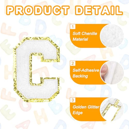 MECCANIXITY Chenille Letter Patches 2.2" Self Adhesive Alphabet C Stick on Embroidered Patch Sew on Letter Stickers Applique for Repairing Clothing Jeans Shoes Hats DIY(White, Pack of 8) - style: Letter C