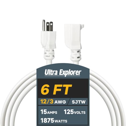12 Gauge Heavy Duty Extension Cord 6 Ft, 3 Prong Grounded | Cold Resistant, Waterproof, Indoor & Outdoor Use, SJTW, 15A 125V 1875W, White, ETL Listed - color: White, size: 6 FT