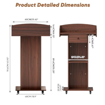 Portable Podium Stand with Metal Wheels, Rolling Podium with Drawer and Adjustable Shelf, Mobile Pulpit for Church, Wooden Lectern for Classroom Office Restaurant Conference (Brown) - color: Brown