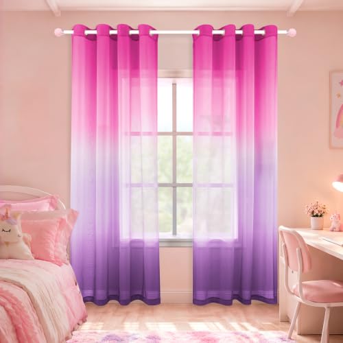 KOUFALL Purple and Hot Pink Sheer Curtains 2 Panels 84 Inches Long,Preppy Princess Coquette Curtains for Teen Girls Bedroom - color: Pink and Purple, size: 52"W x 84"L (Pack of 2)