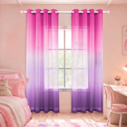 KOUFALL Purple and Hot Pink Sheer Curtains 2 Panels 84 Inches Long,Preppy Princess Coquette Curtains for Teen Girls Bedroom - color: Pink and Purple, size: 52"W x 84"L (Pack of 2)