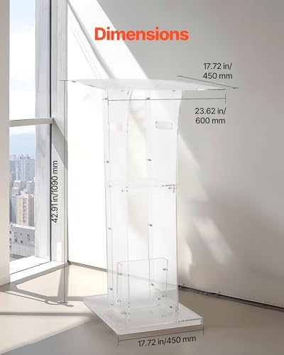 VEVOR Podium Stand, 43-Inch Acrylic Lectern, Portable Laptop Desk with Wide Reading Surface and Storage Shelf, Book Stopper, Floor-Standing, for Classroom, Wedding, Conference, Lecture and Concert - style: 43" White