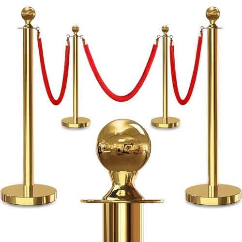 4PCS Gold Stanchions Posts with 3PCS 5 ft Red Velvet Rope, Red Velvet Rope Stanchion Set Crowd Control Barriers, Stanchions and Velvet Ropes Red Carpet Poles for Party Supplies - color: Gold, size: 4