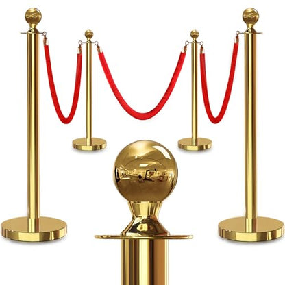 4PCS Gold Stanchions Posts with 3PCS 5 ft Red Velvet Rope, Red Velvet Rope Stanchion Set Crowd Control Barriers, Stanchions and Velvet Ropes Red Carpet Poles for Party Supplies - color: Gold, size: 4