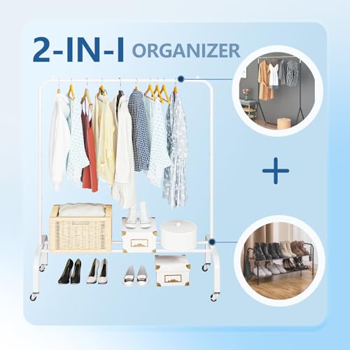 JIUYOTREE Metal Clothing Rack with Wheels, 43.3 Inches Rolling Clothes Garment Coat Rack with Bottom Shelf, Clothing Rack for Hanging Clothes, Coats, Skirts, Shirts, Sweaters, White - color: White, size: 43.3"W x 15.75"D x 61"H with wheels