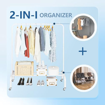 JIUYOTREE Metal Clothing Rack with Wheels, 43.3 Inches Rolling Clothes Garment Coat Rack with Bottom Shelf, Clothing Rack for Hanging Clothes, Coats, Skirts, Shirts, Sweaters, White - color: White, size: 43.3"W x 15.75"D x 61"H with wheels