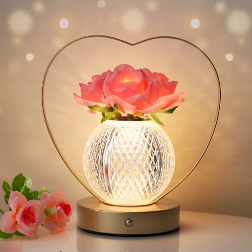 AMWGIMI Women Gifts Rose Flower Lamp Cordless LED Touch Lamp Decor Gift | 3-Colour Infinitely Dimming,Small Night Light,Birthday Gifts for Women,Living Room Dining Room Bedroom Decor - color: Roses Flower Lamp