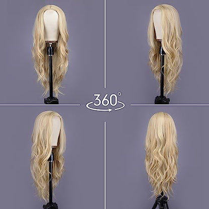 Aida ble Long Wavy Blonde Wig for Women 26 Inch Middle Part Synthetic Wig | Natural Looking Heat Resistant Hair,Suit for Daily Wear,Party,Halloween and Cosplay,Beginner-friendly,Lightweight and soft - color: Blonde
