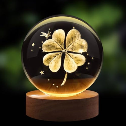 Flexzion 3D Clover Crystal Ball Night Light - LED Light Hologram Glass Lamp with Solid Wood Base, USB Powered Crystal Ball Lamp with Adjustable Brightness for Home Decor Display Gift, 2.4inch(60mm) | Clover Lamp with Solid Beech Wood Base and Adjustable B