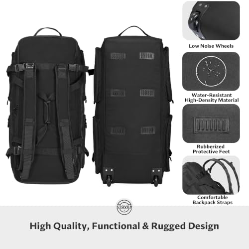 STOVER 45/80/100L U-Zip Rolling Duffel Bag with Wheels, X-Large Durable Travel Duffle + Toiletry Bag, Lay-Flat Opening, Packable w/Shoulder Straps- Use as Luggage or Backpack, Men/Women (Black) - color: U-Zip Voyager Black