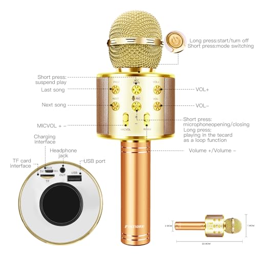 Microphone for Kids Voice Changer Karaoke Microphones Boy Girl Gifts Age 3-12 Portable Child Microphone Karaoke Kid Wireless Bluetooth Microphones Birthday - color: Gold