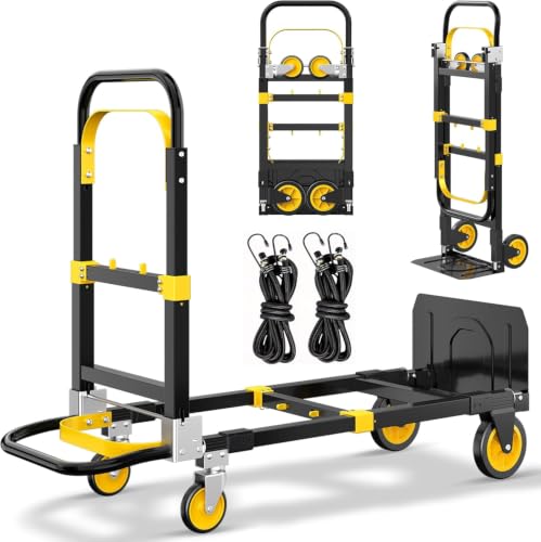 Upgraded 600lbs Upgraded 3 in 1 Folding Hand Truck for 4-Wheel Mode, Convertible Hand Truck Dolly with Non-Slip Handle & Wheels, Dolly Heavy Duty for Moving Home, Office, Warehouse（Orange） - color: Yellow-black, size: 3-1
