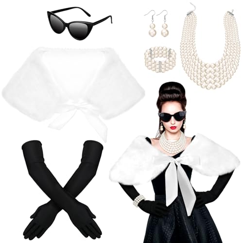 7 Pcs 1920s Flapper Costume Accessory Women Lady Vintage Elegant | Retro Old Hollyween Aesthetic Pearl Accessory Outfit,Faux Fur Shawl,Cat Eye Sunglasses,Bracelet Earring Necklace Glove