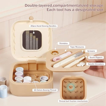 LOTOFUN Small Sewing Kit Box: Cookie Design Portable 2-Layer Organizer Magnetic Needle and Thread Kits Holder Basic Case - Travel Emergency Clothes Repair for Adults (Beige) - color: Beige