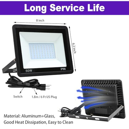 2 Pack 50W LED Black Lights, Flood Blacklight with Plug, IP66 Waterproof Outdoor UV Spotlight for Dance Party Large Space, Glow in The Dark, Halloween Lamp - size: 2 Pack-50W