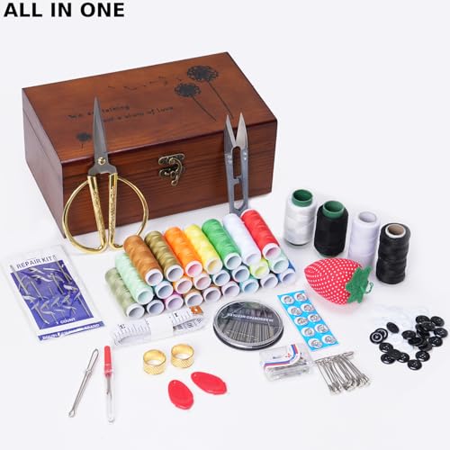 Wooden Sewing Kit Box, Wooden Sewing Box with Sew Kit Accessories | Sewing Repair Kit Sewing Basket, Basic Sewing Kit for Adults, Beginner Universal Home Sewing Repair Tool Kit Sewing Set - color: Retro Dandelion
