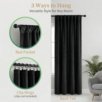 Black Velvet Curtains 2 Panels - Room Darkening Thermal Insulated Drapes with Back Tab & Rod Pocket for Living Room Bedroom, 52" W x 108" L - color: Black, size: 52"W x 108"L (Pack of 2)