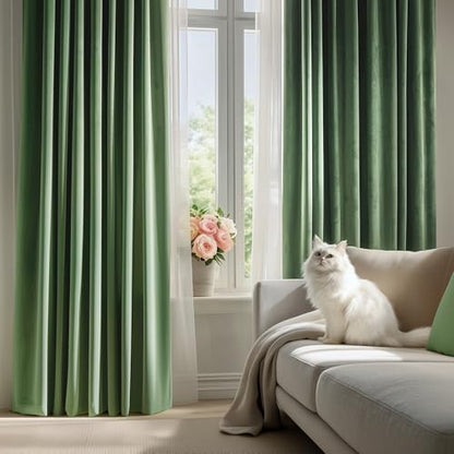 FMFUNCTEX Velvet Blackout Curtains Sage Green Thermal Insulated Curtains for Bedroom Living Room Darkening Curtains 90 Inches Long Soft Luxury Heavy Rod Pocket Sage Drapes Dining Room 2 Panels Set - color: Sage Green, size: 52"W x 90"L (Pack of 2)