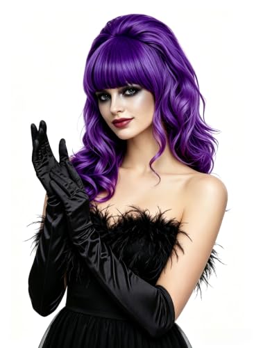 Rugelyss Long Wavy Purple Mixed Black Wigs for Women Fashion Synthetic Full Head Hair Wig with Bang and Bun for Cosplay Costume or Halloween Party - color: purple black