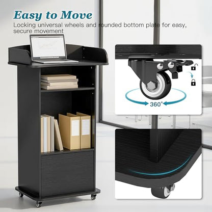 Podium Stand with Metal Wheels Wooden Lectern Podium Stand Portable Pulpit Standing with Storage Mobile Reception Podiums Desk for Church Office School Conference Restaurant Meeting, Black - color: Black