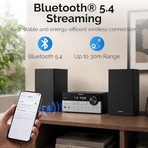 Philips Bluetooth Stereo System for Home with CD Player, Bluetooth 5.4 & Auracast, Upgraded 80W Stereo Sound, MP3, USB, Audio in, FM Radio, Bass Reflex Speaker, Remote Control Included - size: 80W Stereo System