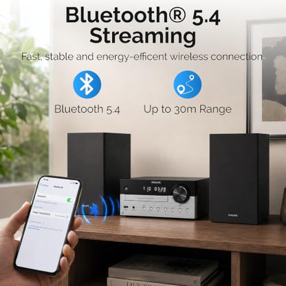 Philips Bluetooth Stereo System for Home with CD Player, Bluetooth 5.4 & Auracast, Upgraded 80W Stereo Sound, MP3, USB, Audio in, FM Radio, Bass Reflex Speaker, Remote Control Included - size: 80W Stereo System