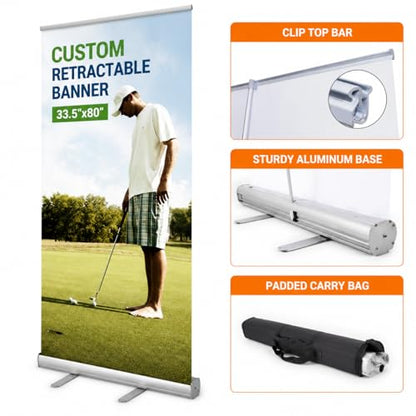 Custom Retractable Roll-Up Banner Stand with Black Carrying Bag, Silver Aluminum Display，Custom Banner for Trade Show Exhibition, Business Events & Store Displays, 33.5" x 80" (Printing Included) - size: 33 ½" x 80 inch (Printing Included)