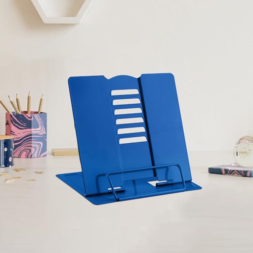 MSDADA Small Desk Book Stand Metal Reading Rest Book Holder | Adjustable Cookbook Documents Holder Portable Sturdy Bookstands for Recipes Textbooks Tablet Music Books (Deep Blue） - color: Deep Blue