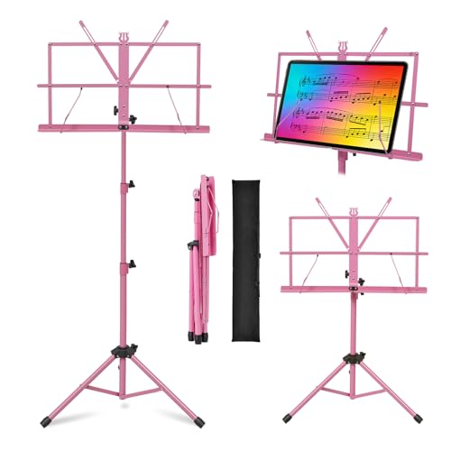 MOSEN Sheet Music Stand, Heavy Duty Adjustable Tripod, Quick Fold Pink | Floor & Desktop Dual Use, Fully Adjustable Height, Free Carry Bag for Home Practice, Band Rehearsal and Stage Use - color: Pink