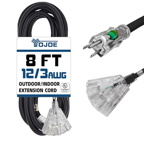 YOJOE 3-Outlets Indoor Outdoor Extension Cord with Lighted End, 3 Prong 15A Weatherproof Power Cord, 12 Gauge Heavy Duty 8 ft Black Extension Cord Multiple Outlets, 12/3 SJTW UL Certified - color: Black, size: 8 Foot