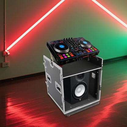 14U PA DJ Pro Audio Rack Road Case w/Slant Mixer Top, Heavy Duty Mobile Studio Equipment Cabinet w/4 Wheels, Network and Stereo Rack DJ Mixer Rack for Mixers & Live Sound - size: 14U / Side Tables & 4 Wheels