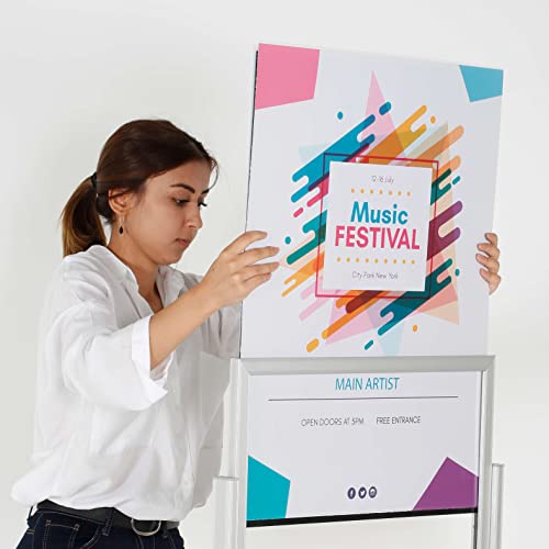 M&T Displays Metal Eco Info Board, Silver 22x69 Inches Slide-In Poster Sign Holder 1 Tier Double Sided Floor Standing Pedestal Advertising Display with Backing and Anti-Glare PET Cover - color: Silver, size: 22x69