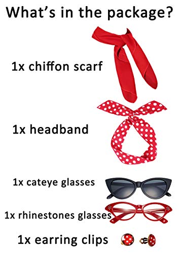 Breevo 50s Costume Accessories Set Women Scarf Headband Glasses | Includes Bandana Scarf, Headband, Clip-on Earrings, and Cat-Eye Glasses; Chiffon Scarf - color: Red
