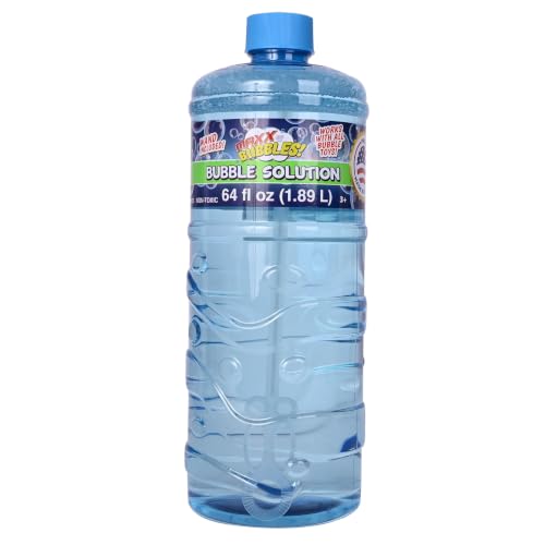 Made in USA Bubble Solution Refill with Wand 64oz Non Toxic Dye Free (1/2 Gallon), Kids Easy Grip Bottle Refill for Bubble Machine, Bubble Wands, Bubble Toys, Blue Bottle - style: Made in the USA