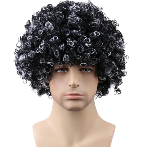 Funny Wigs for Women Men Black Mixed White Crazy Clown Wigs Fans Wig Short Afro Curly Costume Wig for Halloween Parties Cosplay Stage Performance Christmas Party Wig(Large Size,Black Mixed White) - color: Black Mixed White, size: Large Size