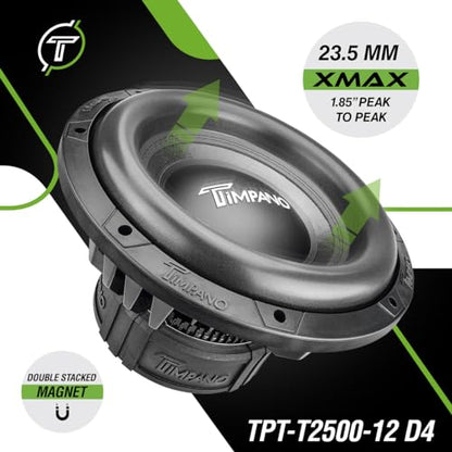 Timpano 12 Inch Subwoofer D4 2500 Watts Max Power Dual 4 Ohm, 12 Subwoofer Speaker 23.5 mm High Xmax, TPT-T2500-12 D4, 3 in Voice Coil, Competition Sub Woofer for Car Audio Systems (Single) - size: 12 Inch - Dual 4 Ohm