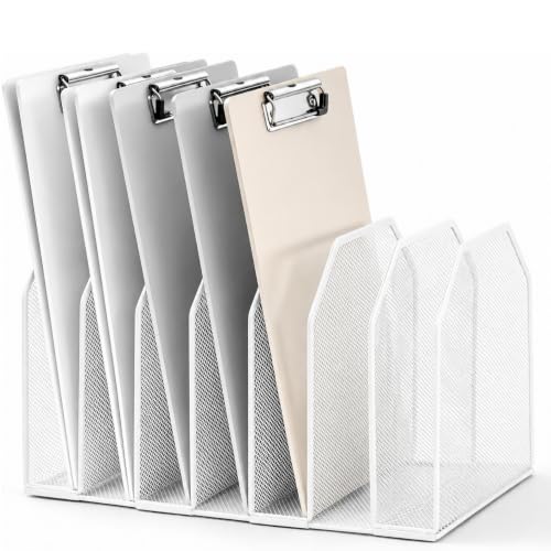 Sliner 1 Pcs 7 Slot Metal Clipboard Holder for Desk, File Organizer, White | Vertical Classroom Clipboard Holder, Mesh File Storage Rack, Wire Document Sorter for School Teacher Home Office Supplies - color: White