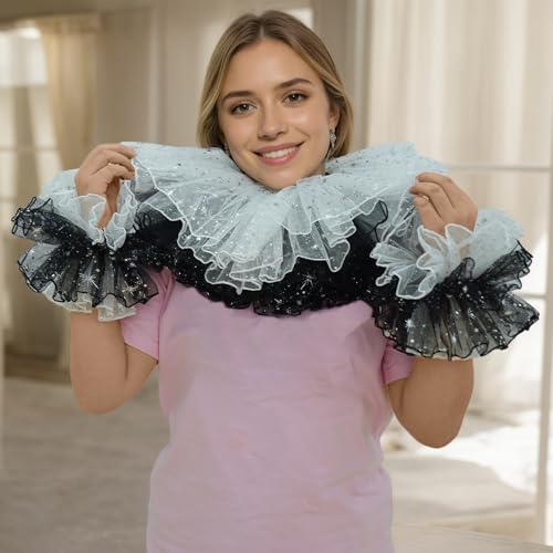 Renaissance Victorian Ruffle Collar and Wrist Cuffs Set Clown Neck Collar Layered Tulle Collar Cuffs - color: Black&white