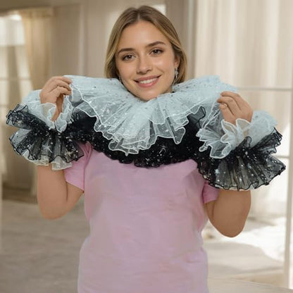 Renaissance Victorian Ruffle Collar and Wrist Cuffs Set Clown Neck Collar Layered Tulle Collar Cuffs - color: Black&white