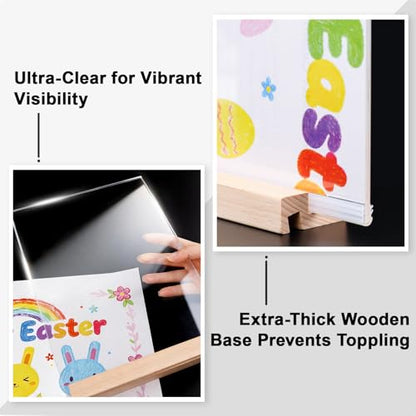 Daletu Acrylic Sign Holder 5x7 with Wood Base | 3 Packs Acrylic Tabletop Display Stand, 2 in 1 Vertical or Slant Clear Plastic Sign Frame Holder for Flyer, Menu, Retail, Buffet, Vendor, Wedding, Party - size: 3PCS (5"x7"