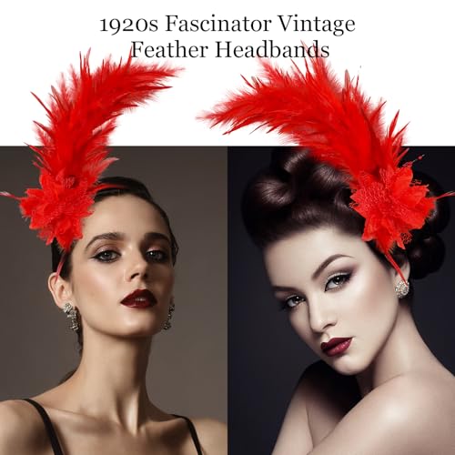Loieryk Feathers Fascinator Headband 1920s Queen Headpiece Fascinators Hats for Women Tea Party Flower Headpiece - color: Red
