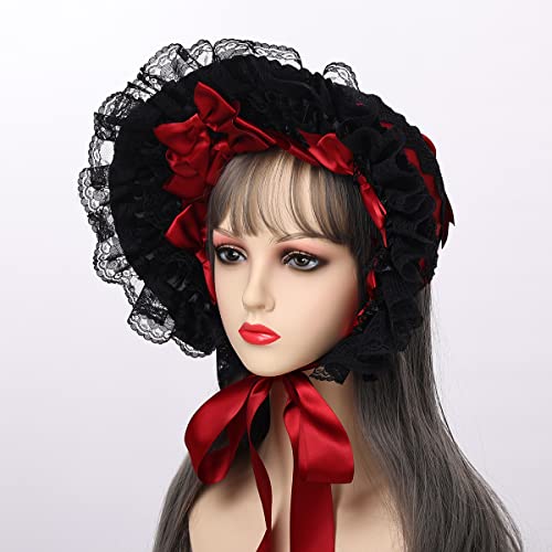 COSDREAMER Girls Women Victorian Bonnets Lace Flowers Tea Party Hats - color: Black Red