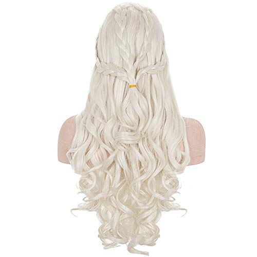 Long Blonde Braided Cosplay Wig Womens Blond Wavy Curly Synthetic Hair Wigs for Halloween Costume Party(Light Blonde) - color: Light Blonde, size: Long