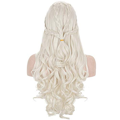 Long Blonde Braided Cosplay Wig Womens Blond Wavy Curly Synthetic Hair Wigs for Halloween Costume Party(Light Blonde) - color: Light Blonde, size: Long