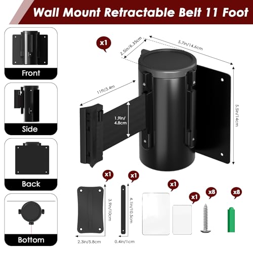 kaiyomi 11 Feet Retractable Belt Barriers Fixed Wall Mount (Black Belt) | Crowd Control Barriers with Black Steel Case, Stainless Steel Spring Expansion Belt - color: Black, size: 11 Feet Upgraded